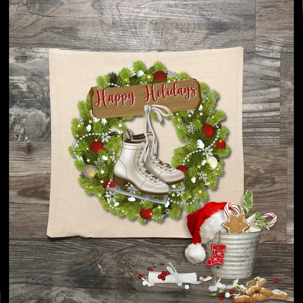 Happy Holiday Wreath  With Skates Pillow